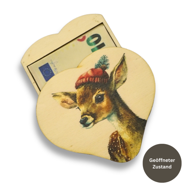 Geldgeschenk Holz - Herz mit Reh Weihnachten bedruckt